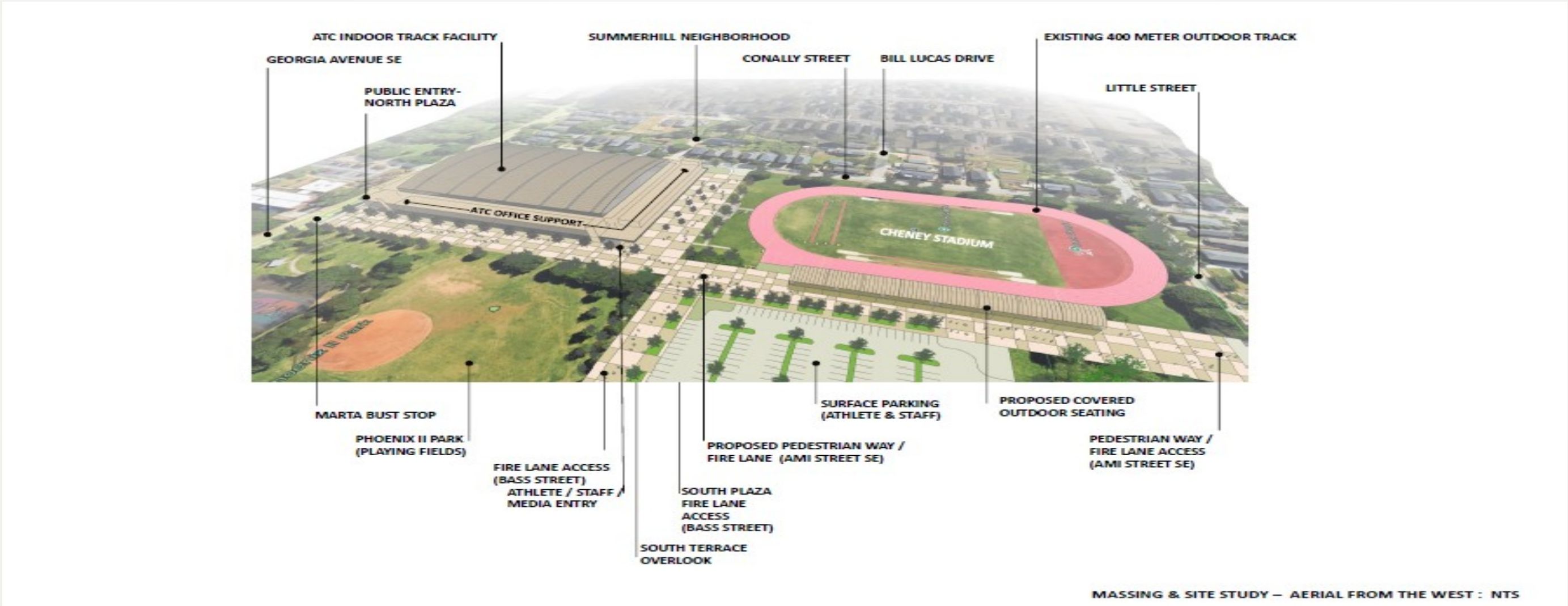Massing study showing ATC indoor facility next to Cheney Stadium